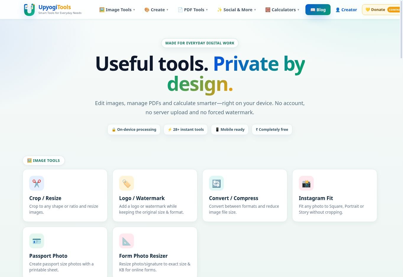 UpyogiTools homepage showing the tool categories and tool cards